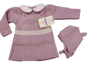 Conjunto vestido lana 3 piezas "1802" de 0 a 6 meses color malva | Canastilla