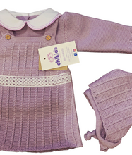 Cargar imagen en el visor de la galería, Conjunto vestido lana 3 piezas &quot;1802&quot; de 0 a 6 meses color malva | Canastilla
