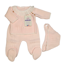 Cargar imagen en el visor de la galería, Conjunto lana 3 piezas &quot;1786&quot; de 00 a 3 meses color rosa bebe