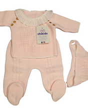 Cargar imagen en el visor de la galería, Conjunto lana 3 piezas &quot;1786&quot; de 00 a 3 meses color rosa bebe