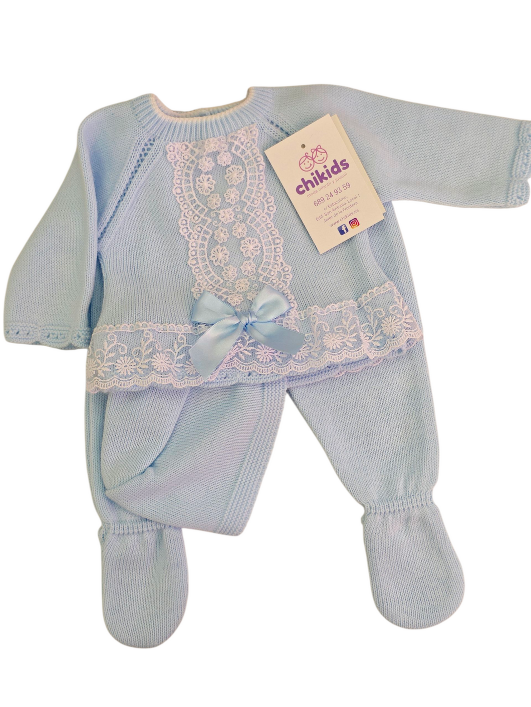 Conjunto lana 3 piezas encaje celeste 0 a 6 mes | Canastilla