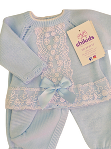 Conjunto lana 3 piezas encaje celeste 0 a 6 mes | Canastilla