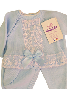 Conjunto lana 3 piezas encaje celeste 0 a 6 mes | Canastilla