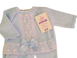 Conjunto lana 3 piezas encaje celeste 0 a 6 mes | Canastilla