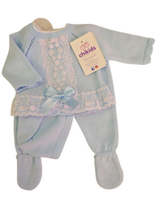 Conjunto lana 3 piezas encaje celeste 0 a 6 mes | Canastilla