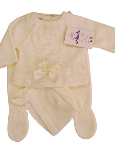 Conjunto lana 3 piezas encaje marfil 0 a 6 mes | Canastilla