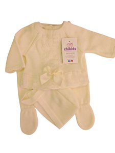 Conjunto lana 3 piezas encaje marfil 0 a 6 mes | Canastilla