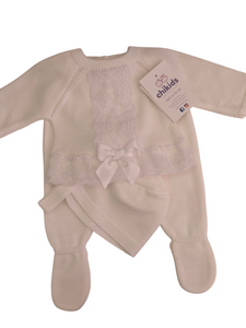 Conjunto lana 3 piezas encaje blanco 0 a 6 mes | Canastilla