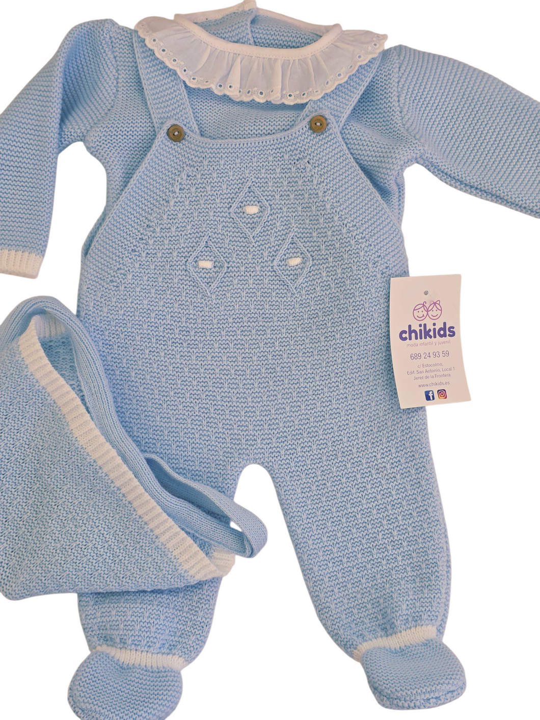 Conjunto lana 3 piezas color celeste 0 a 6 meses | Canastilla