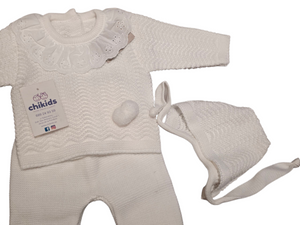 Conjunto lana 3 piezas "1101" de 00 a 3 meses color blanco| Canastilla