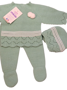 Conjunto lana 3 piezas "1050" de 0 a 3 meses color verde | Canastilla