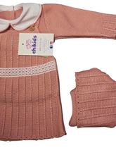 Cargar imagen en el visor de la galería, Conjunto vestido lana 3 piezas &quot;1802&quot; de 0 a 6 meses color rosa empolvado | Canastilla
