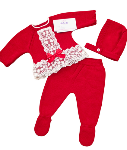 Conjunto lana 3 piezas 0 a 6 meses rojo/blanco