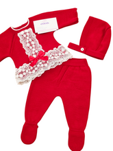 Cargar imagen en el visor de la galería, Conjunto lana 3 piezas 0 a 6 meses rojo/blanco