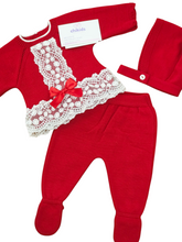 Cargar imagen en el visor de la galería, Conjunto lana 3 piezas 0 a 6 meses rojo/blanco