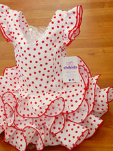 Cargar imagen en el visor de la galería, Vestido Flamenca "Buleria" blanco lunar rojo 0 a 6 años