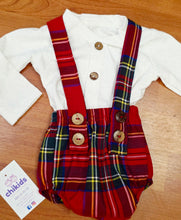 Cargar imagen en el visor de la galería, Conjunto peto/ranita+camiseta &quot;escoces&quot; rojo 3 a 36 meses