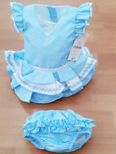 Cargar imagen en el visor de la galería, Vestido y braga Flamenca &quot;Rosarillo&quot; celeste 3 a 18 meses.