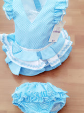 Cargar imagen en el visor de la galería, Vestido y braga Flamenca &quot;Rosarillo&quot; celeste 3 a 18 meses.