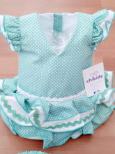 Cargar imagen en el visor de la galería, Vestido y braga Flamenca &quot;Rosarillo&quot; verde agua/blanco 3 a 18 meses.