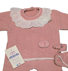 Conjunto lana 3 piezas "1101" de 00 a 3 meses color rosa empolvado | Canastilla