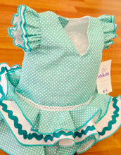 Cargar imagen en el visor de la galería, Vestido y braga Flamenca "Rosarillo" verde agua/blanco 3 a 18 meses.