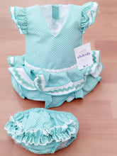 Cargar imagen en el visor de la galería, Vestido y braga Flamenca &quot;Rosarillo&quot; verde agua/blanco 3 a 18 meses.