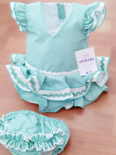 Cargar imagen en el visor de la galería, Vestido y braga Flamenca &quot;Rosarillo&quot; verde agua/blanco 3 a 18 meses.