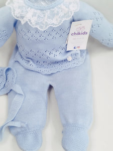 Conjunto hilo 3 piezas celeste 0/3 meses