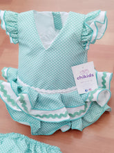 Cargar imagen en el visor de la galería, Vestido y braga Flamenca &quot;Rosarillo&quot; verde agua/blanco 3 a 18 meses.