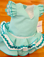 Cargar imagen en el visor de la galería, Vestido y braga Flamenca "Rosarillo" verde agua/blanco 3 a 18 meses.