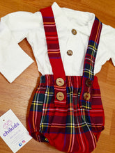 Cargar imagen en el visor de la galería, Conjunto peto/ranita+camiseta &quot;escoces&quot; rojo 3 a 36 meses