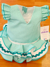 Cargar imagen en el visor de la galería, Vestido y braga Flamenca "Rosarillo" verde agua/blanco 3 a 18 meses.