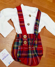 Cargar imagen en el visor de la galería, Conjunto peto/ranita+camiseta &quot;escoces&quot; rojo 3 a 36 meses