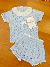 Cargar imagen en el visor de la galería, Conjunto hilo "Jazmin" celeste 0 y 3 meses ref:1883 | Canastilla