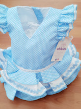 Cargar imagen en el visor de la galería, Vestido y braga Flamenca &quot;Rosarillo&quot; celeste 3 a 18 meses.