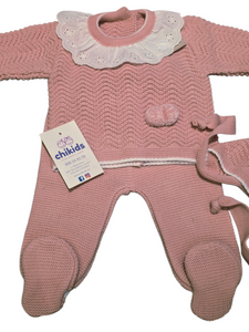 Conjunto lana 3 piezas "1101" de 00 a 3 meses color rosa empolvado | Canastilla