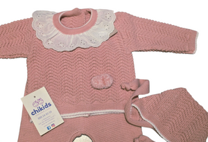 Conjunto lana 3 piezas "1101" de 00 a 3 meses color rosa empolvado | Canastilla