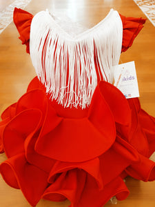 Traje Flamenca "Cayetana" rojo 0/6 años con flecos blancos