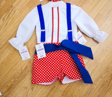 Cargar imagen en el visor de la galería, Traje flamenco camisa bca pantalon rojo lunar bco y fajin azul  | chikids