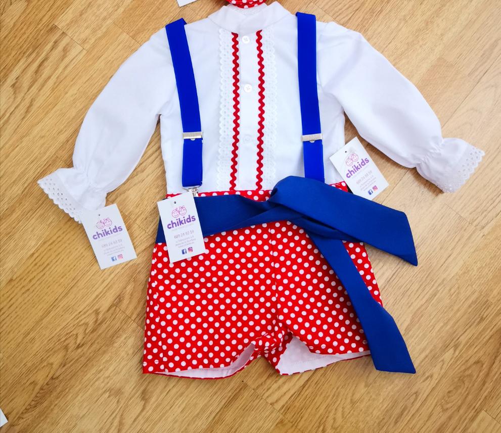 Traje flamenco camisa bca pantalon rojo lunar bco y fajin azul  | chikids