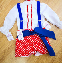 Cargar imagen en el visor de la galería, Traje flamenco camisa bca pantalon rojo lunar bco y fajin azul  | chikids