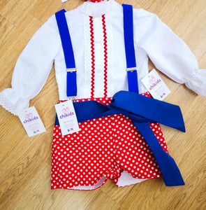 Traje flamenco camisa bca pantalon rojo lunar bco y fajin azul  | chikids