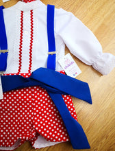 Cargar imagen en el visor de la galería, Traje flamenco camisa bca pantalon rojo lunar bco y fajin azul  | chikids