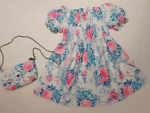 Vestido/bolso "Giselle" celeste/rosa flores 4/14 años